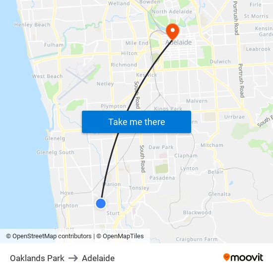 Oaklands Park to Adelaide map