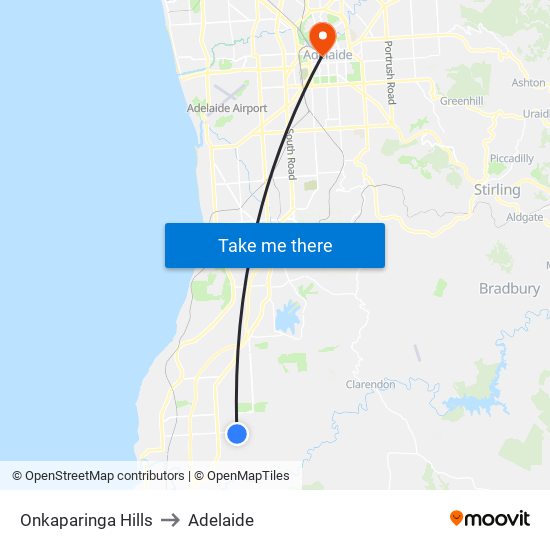 Onkaparinga Hills to Adelaide map