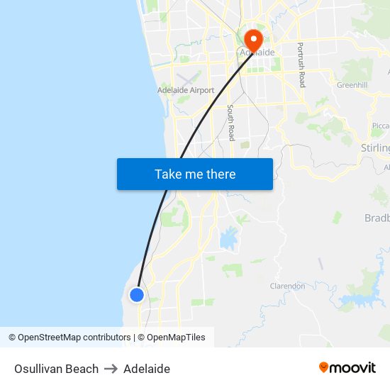 Osullivan Beach to Adelaide map