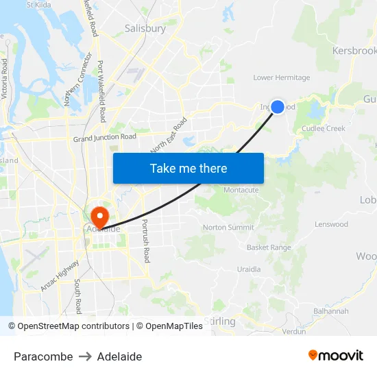 Paracombe to Adelaide map