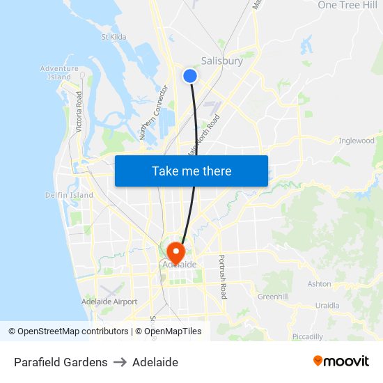 Parafield Gardens to Adelaide map