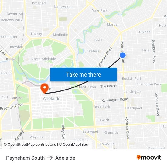 Payneham South to Adelaide map