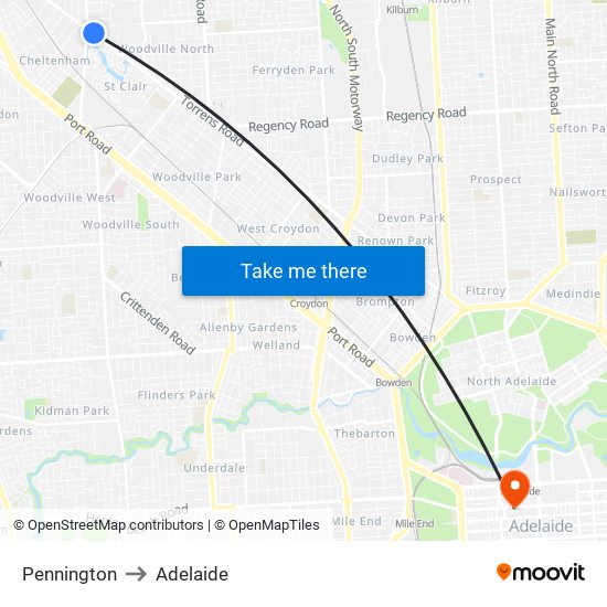 Pennington to Adelaide map