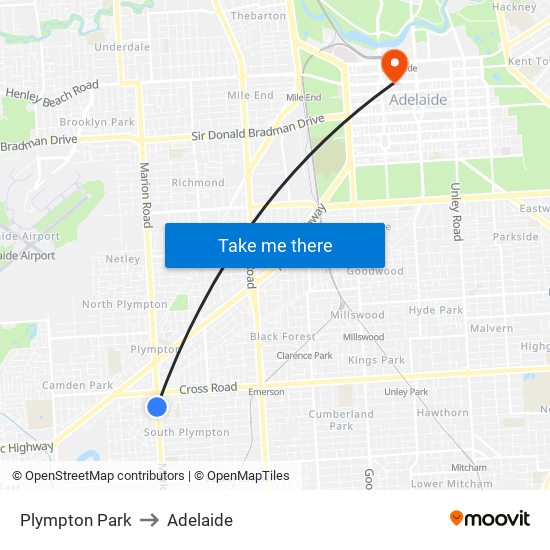 Plympton Park to Adelaide map