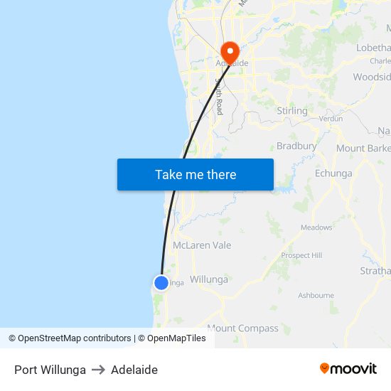 Port Willunga to Adelaide map