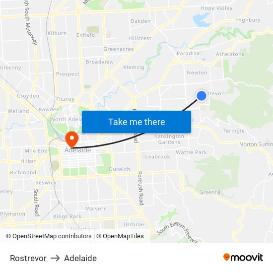 Rostrevor to Adelaide map