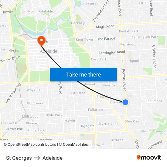 St Georges to Adelaide map