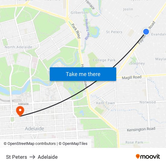 St Peters to Adelaide map