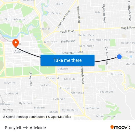 Stonyfell to Adelaide map