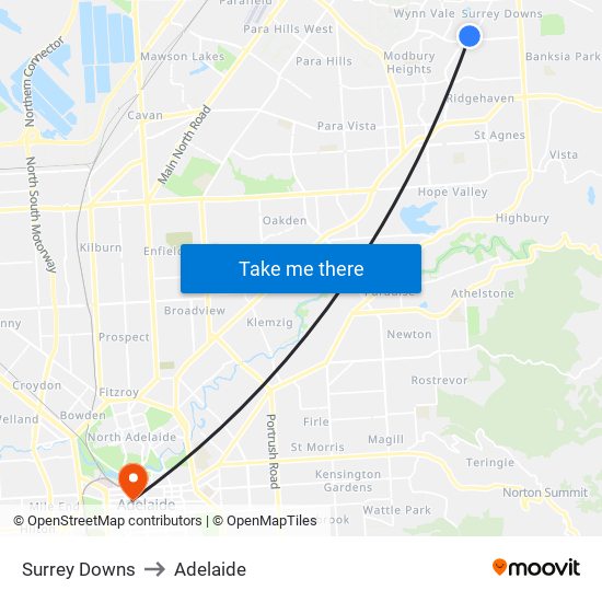 Surrey Downs to Adelaide map