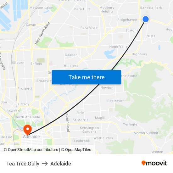 Tea Tree Gully to Adelaide map