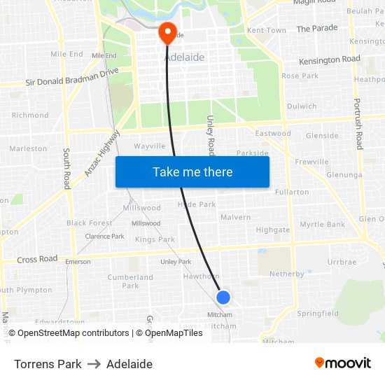 Torrens Park to Adelaide map