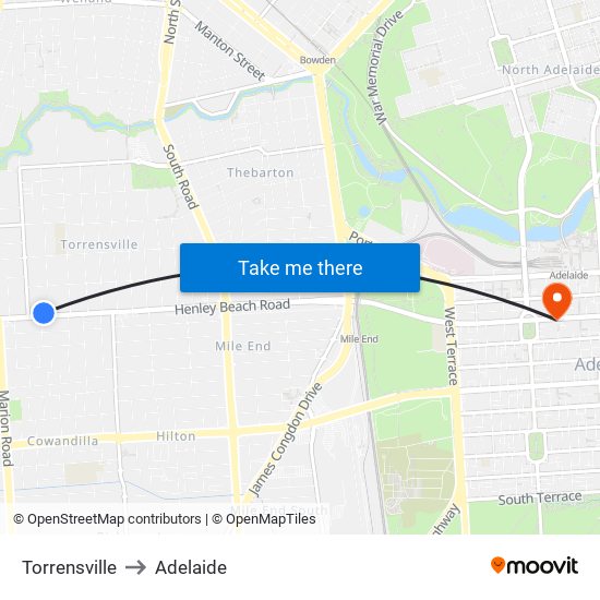 Torrensville to Adelaide map