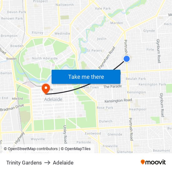 Trinity Gardens to Adelaide map