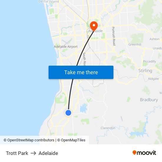 Trott Park to Adelaide map