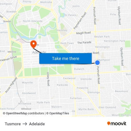 Tusmore to Adelaide map