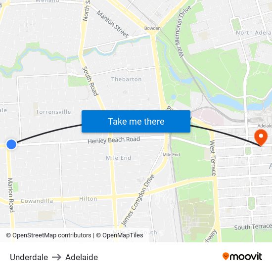 Underdale to Adelaide map