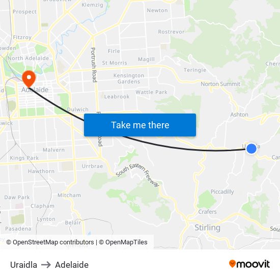 Uraidla to Adelaide map