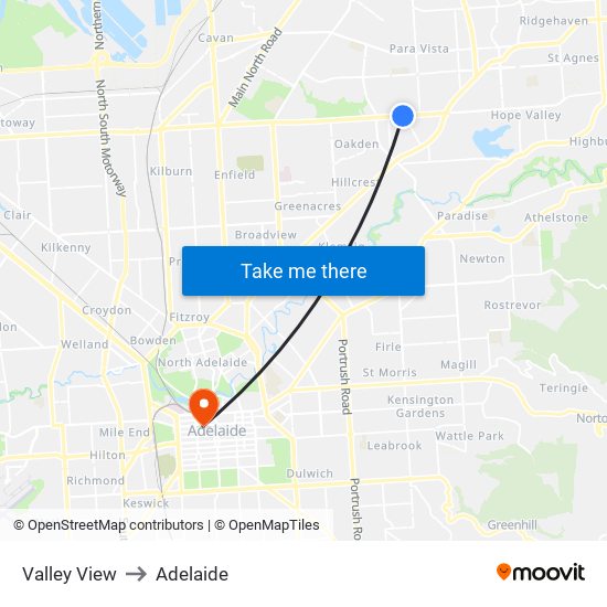 Valley View to Adelaide map