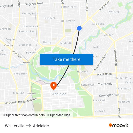 Walkerville to Adelaide map