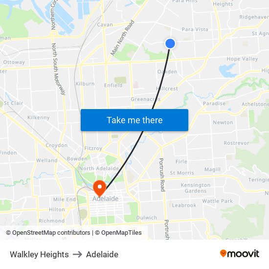 Walkley Heights to Adelaide map