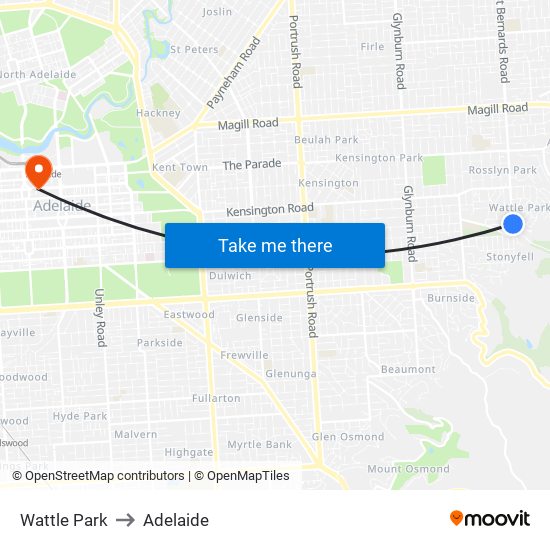 Wattle Park to Adelaide map