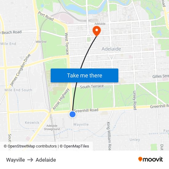 Wayville to Adelaide map