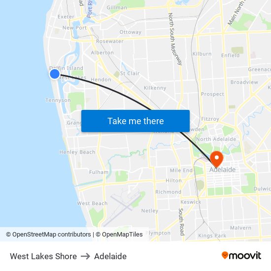 West Lakes Shore to Adelaide map