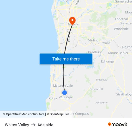 Whites Valley to Adelaide map