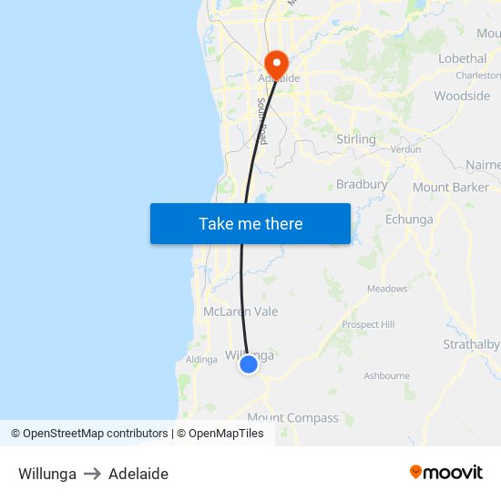 Willunga to Adelaide map