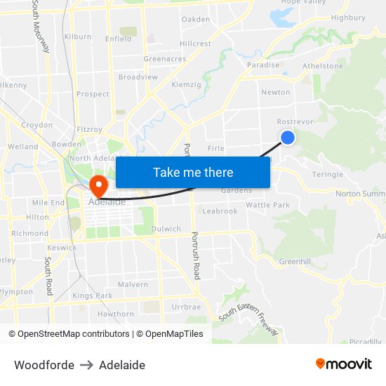 Woodforde to Adelaide map