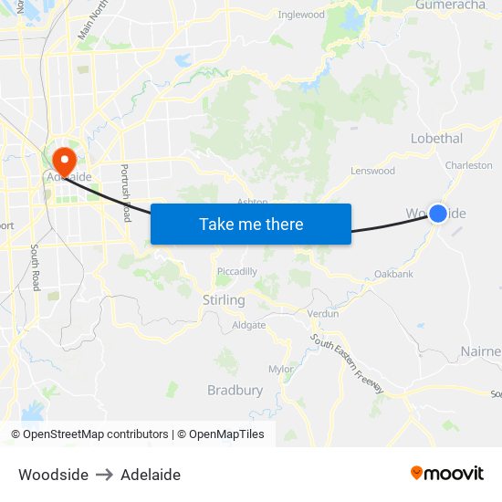 Woodside to Adelaide map