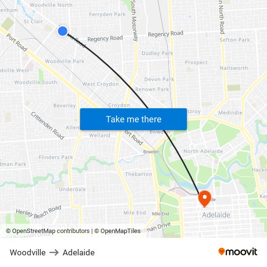 Woodville to Adelaide map