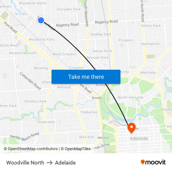 Woodville North to Adelaide map