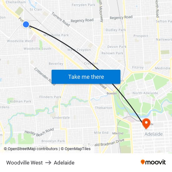 Woodville West to Adelaide map