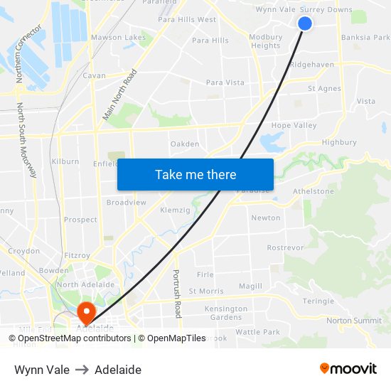 Wynn Vale to Adelaide map