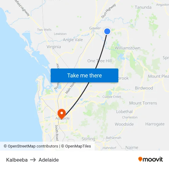 Kalbeeba to Adelaide map