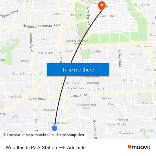 Woodlands Park Station to Adelaide map