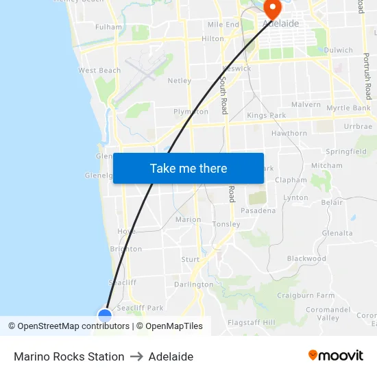 Marino Rocks Station to Adelaide map