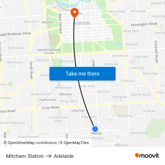 Mitcham Station to Adelaide map