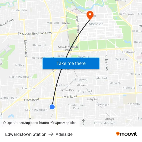 Edwardstown Station to Adelaide map