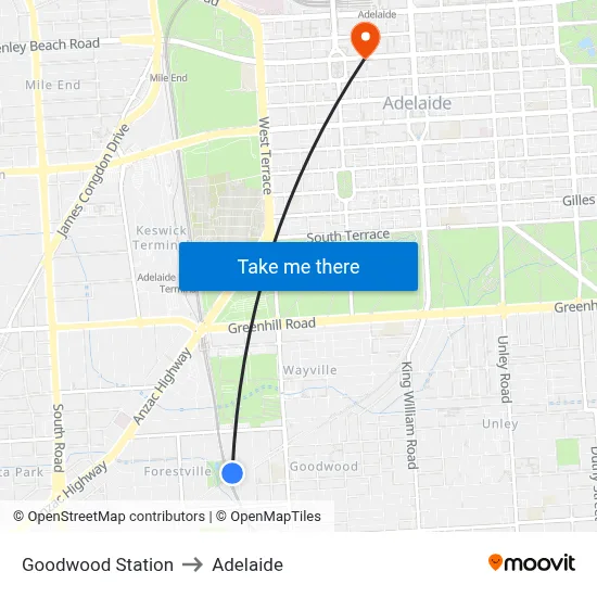 Goodwood Station to Adelaide map