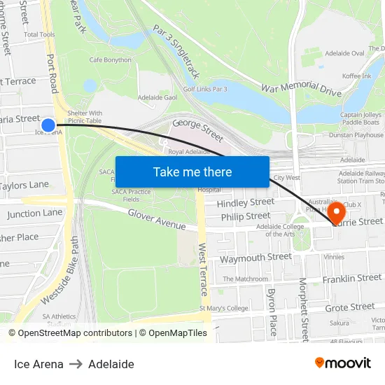 Ice Arena to Adelaide map