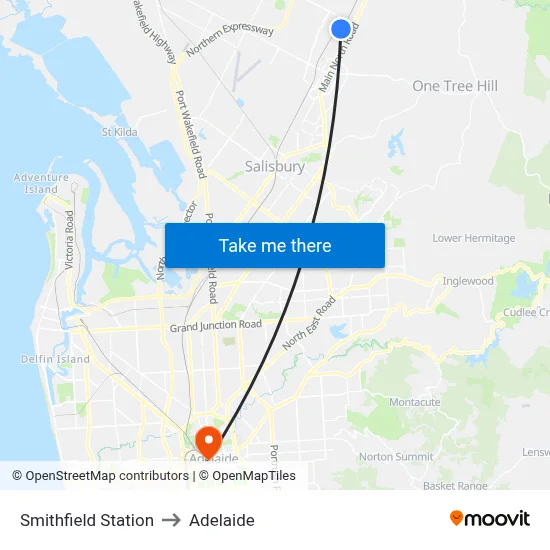 Smithfield Station to Adelaide map
