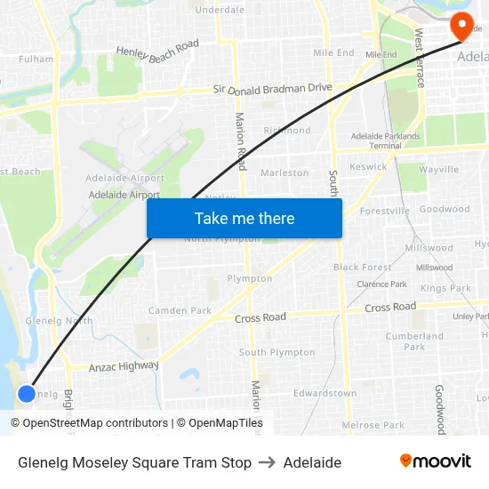 Glenelg Moseley Square Tram Stop to Adelaide map