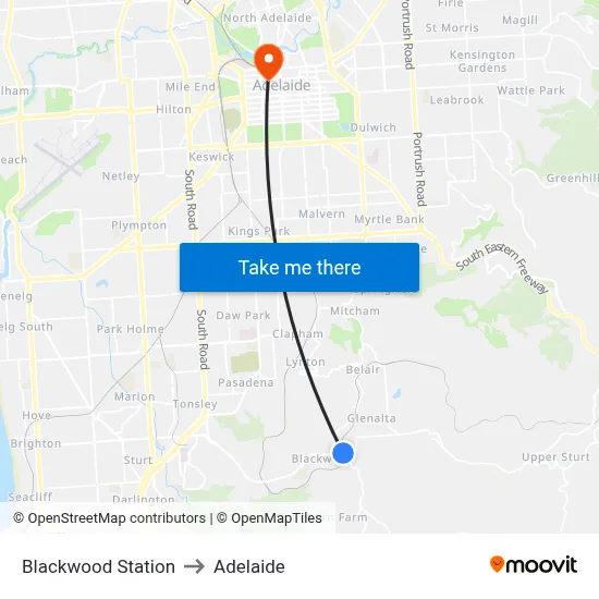 Blackwood Station to Adelaide map