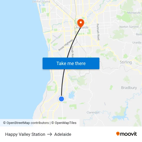 Happy Valley Station to Adelaide map