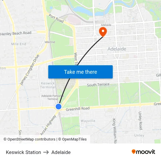 Keswick Station to Adelaide map