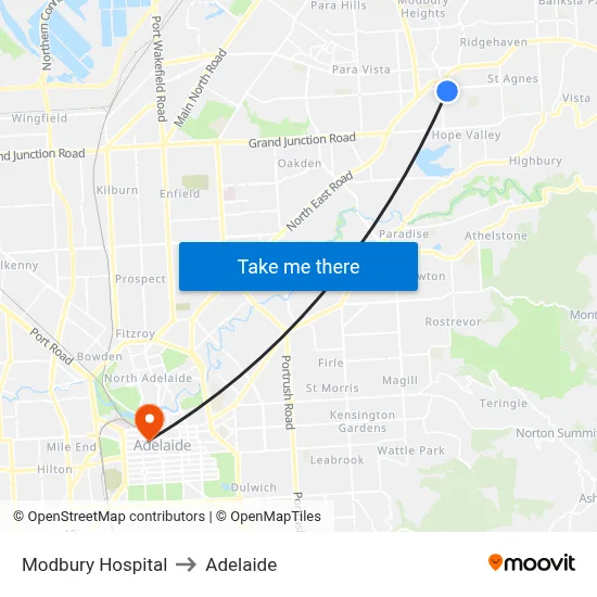 Modbury Hospital to Adelaide map
