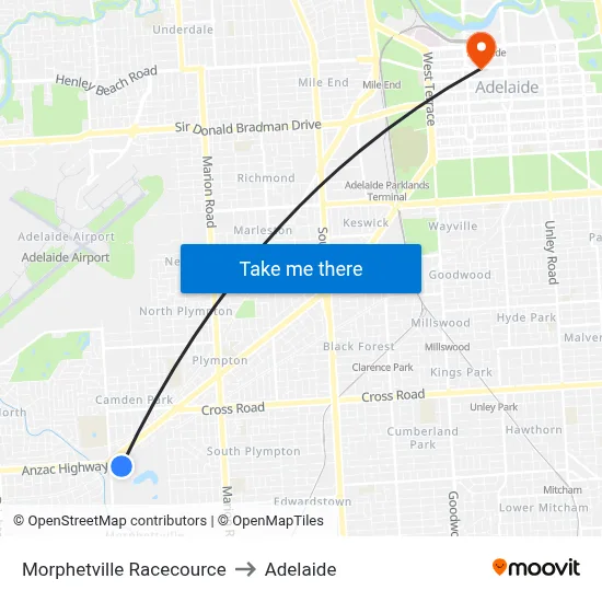Morphetville Racecource to Adelaide map